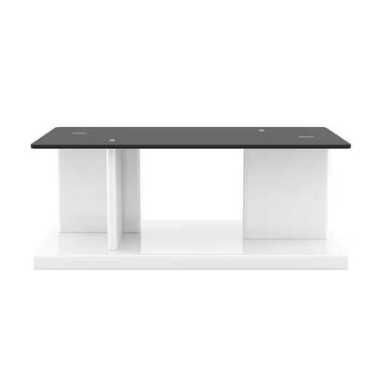 Benjara Liam 47 Inch Rectangular Coffee Table, White Wood, Pedestal Base, Glass Top