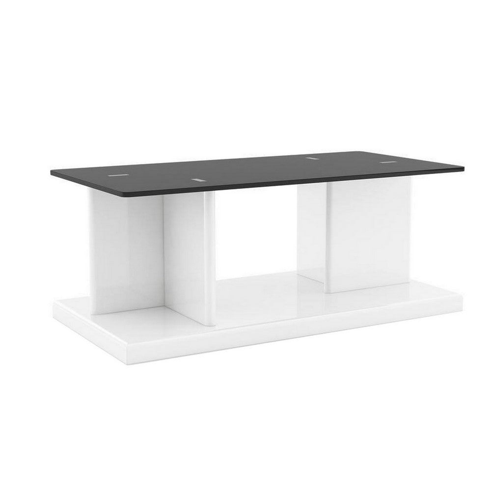 Benjara Liam 47 Inch Rectangular Coffee Table, White Wood, Pedestal Base, Glass Top