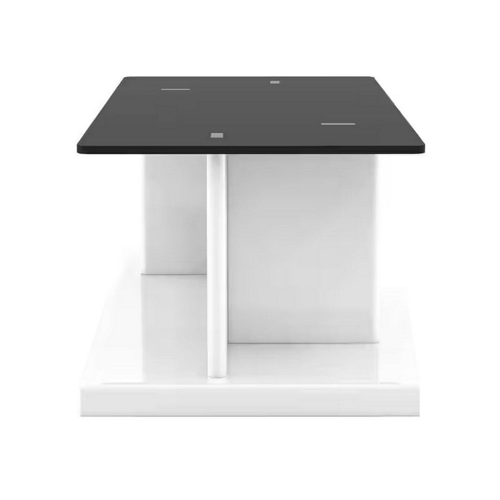 Benjara Liam 47 Inch Rectangular Coffee Table, White Wood, Pedestal Base, Glass Top