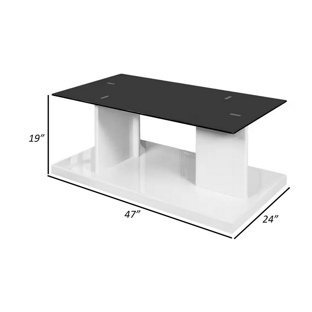Benjara Liam 47 Inch Rectangular Coffee Table, White Wood, Pedestal Base, Glass Top
