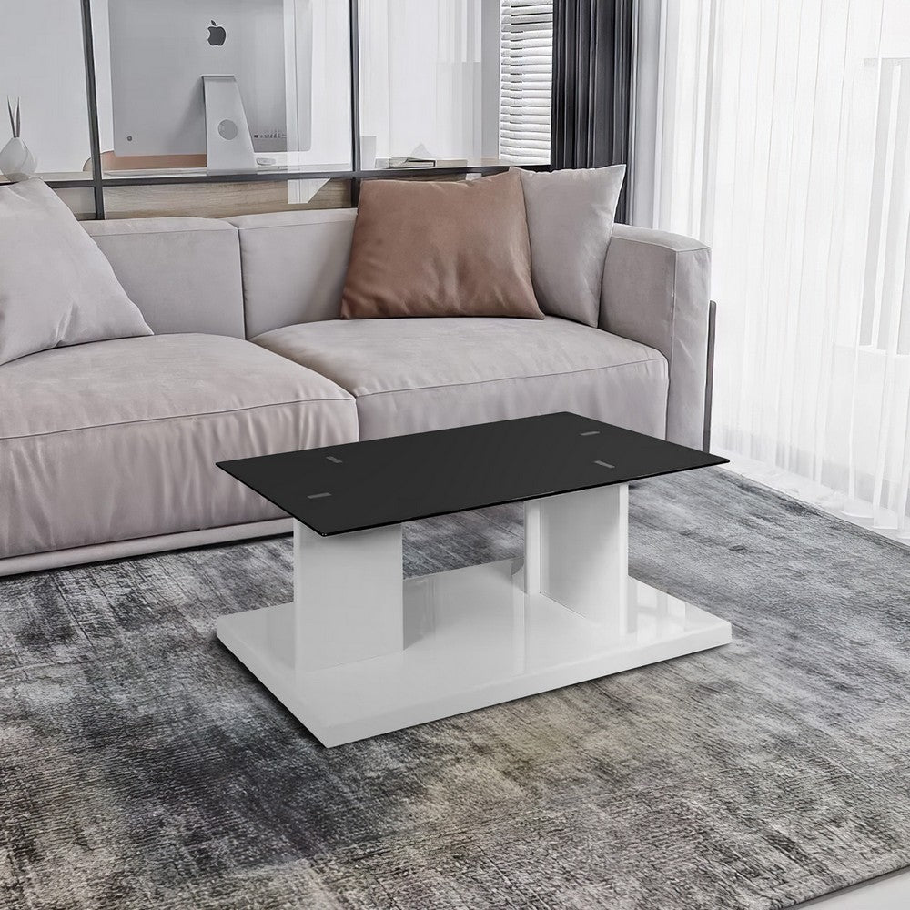 Benjara Liam 47 Inch Rectangular Coffee Table, White Wood, Pedestal Base, Glass Top