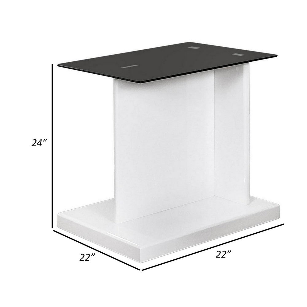 Benjara Liam 22 Inch Square Side End Table, White Wood, Pedestal Base, Glass Top