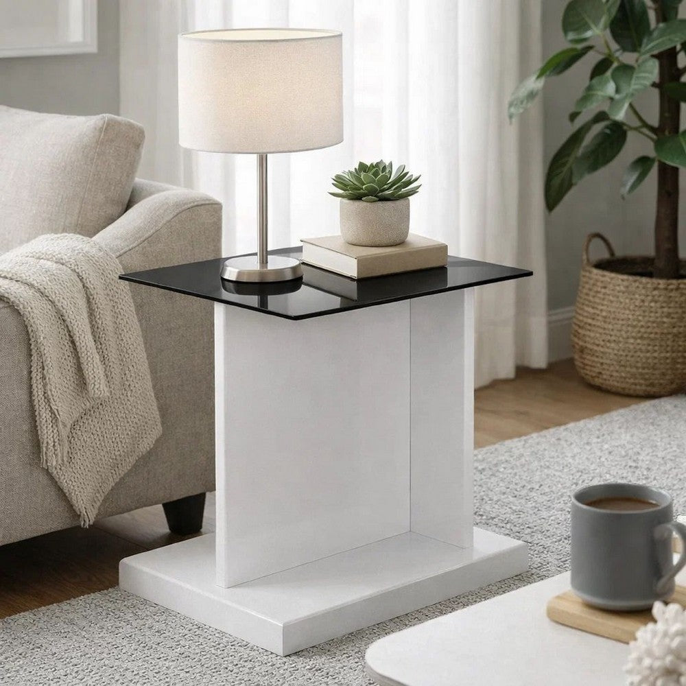 Benjara Liam 22 Inch Square Side End Table, White Wood, Pedestal Base, Glass Top