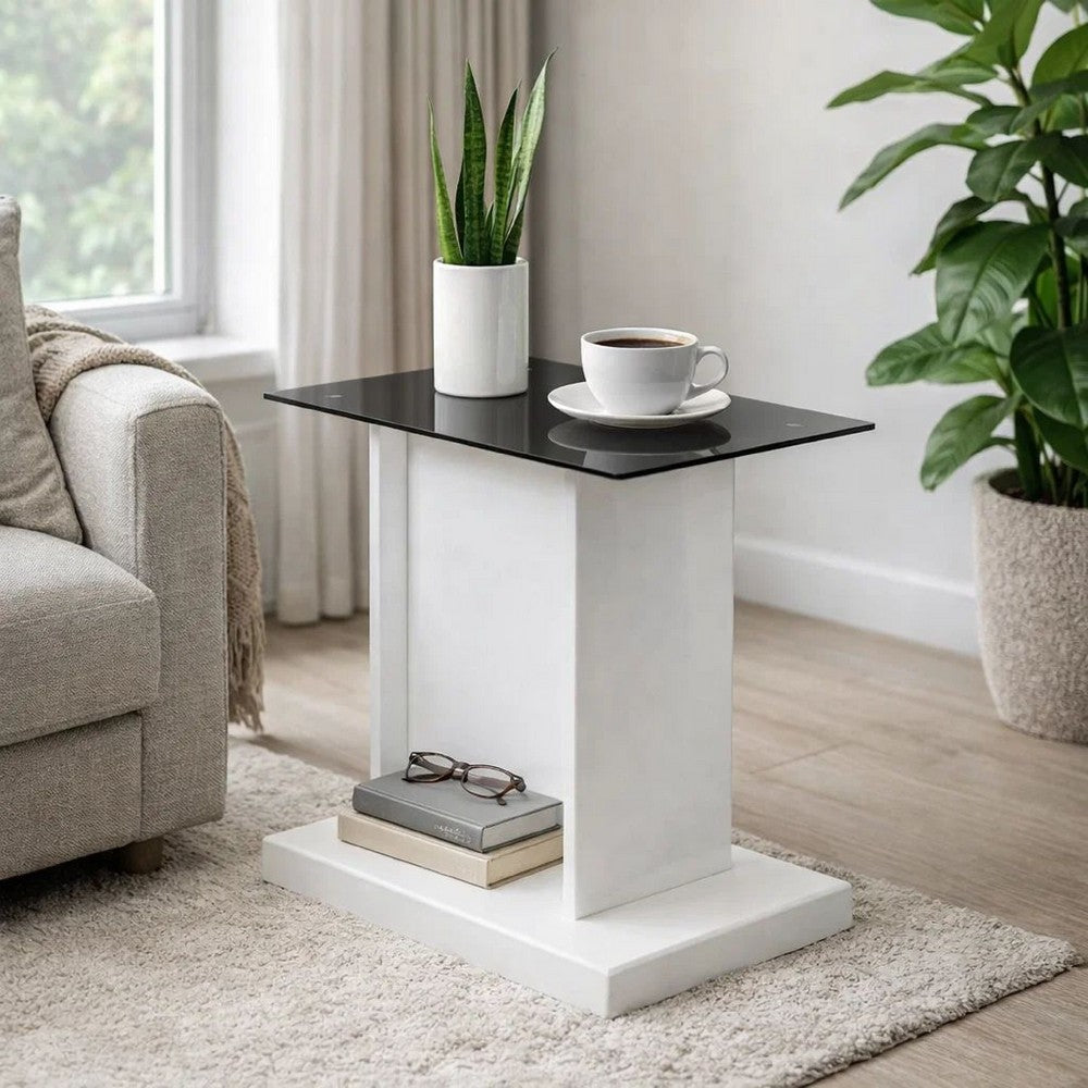 Benjara Liam 22 Inch Square Side End Table, White Wood, Pedestal Base, Glass Top