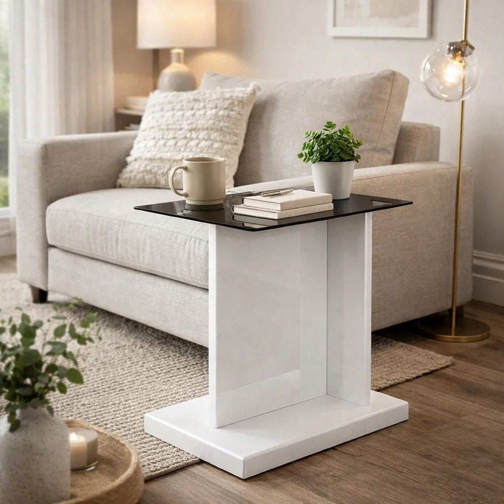 Benjara Liam 22 Inch Square Side End Table, White Wood, Pedestal Base, Glass Top