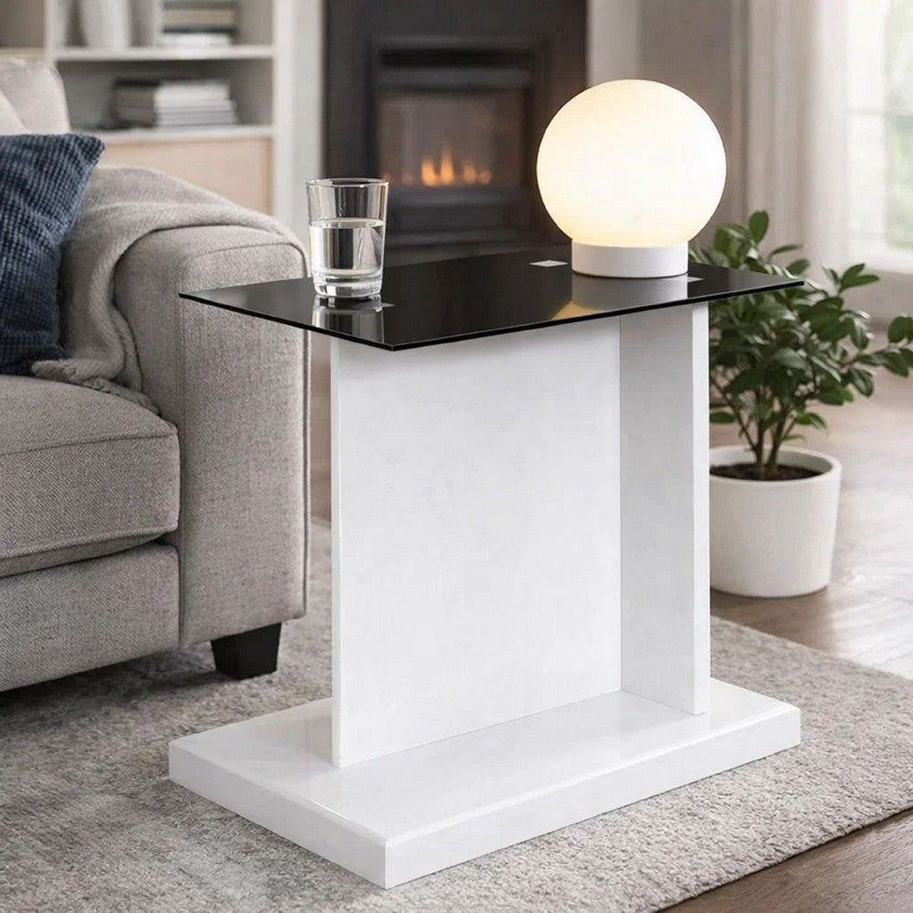 Benjara Liam 22 Inch Square Side End Table, White Wood, Pedestal Base, Glass Top