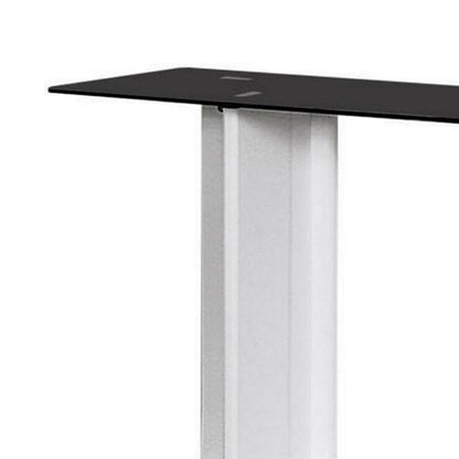 Benjara Liam 47 Inch Sofa Console Table, White Wood, Pedestal Base, Black Glass Top