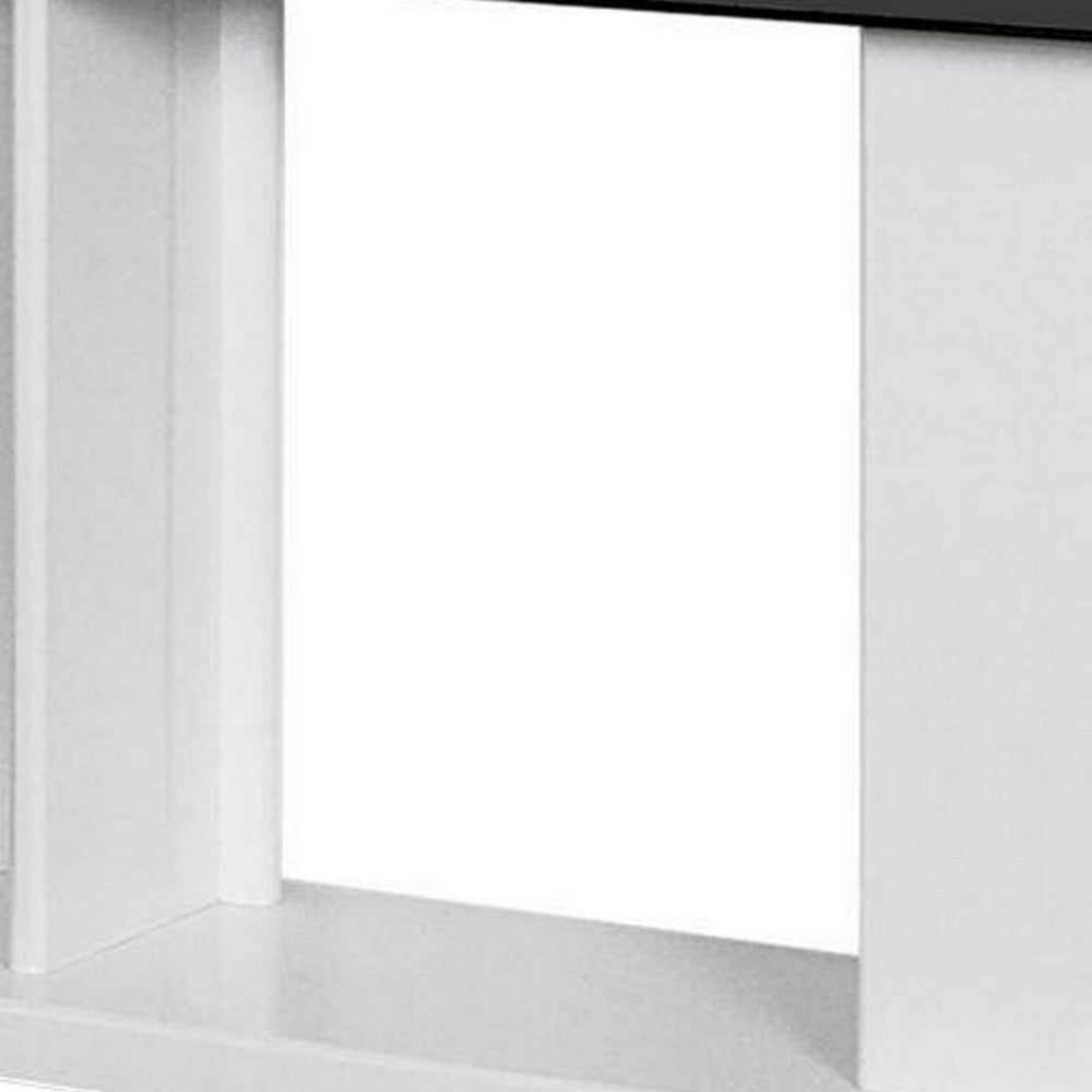 Benjara Liam 47 Inch Sofa Console Table, White Wood, Pedestal Base, Black Glass Top