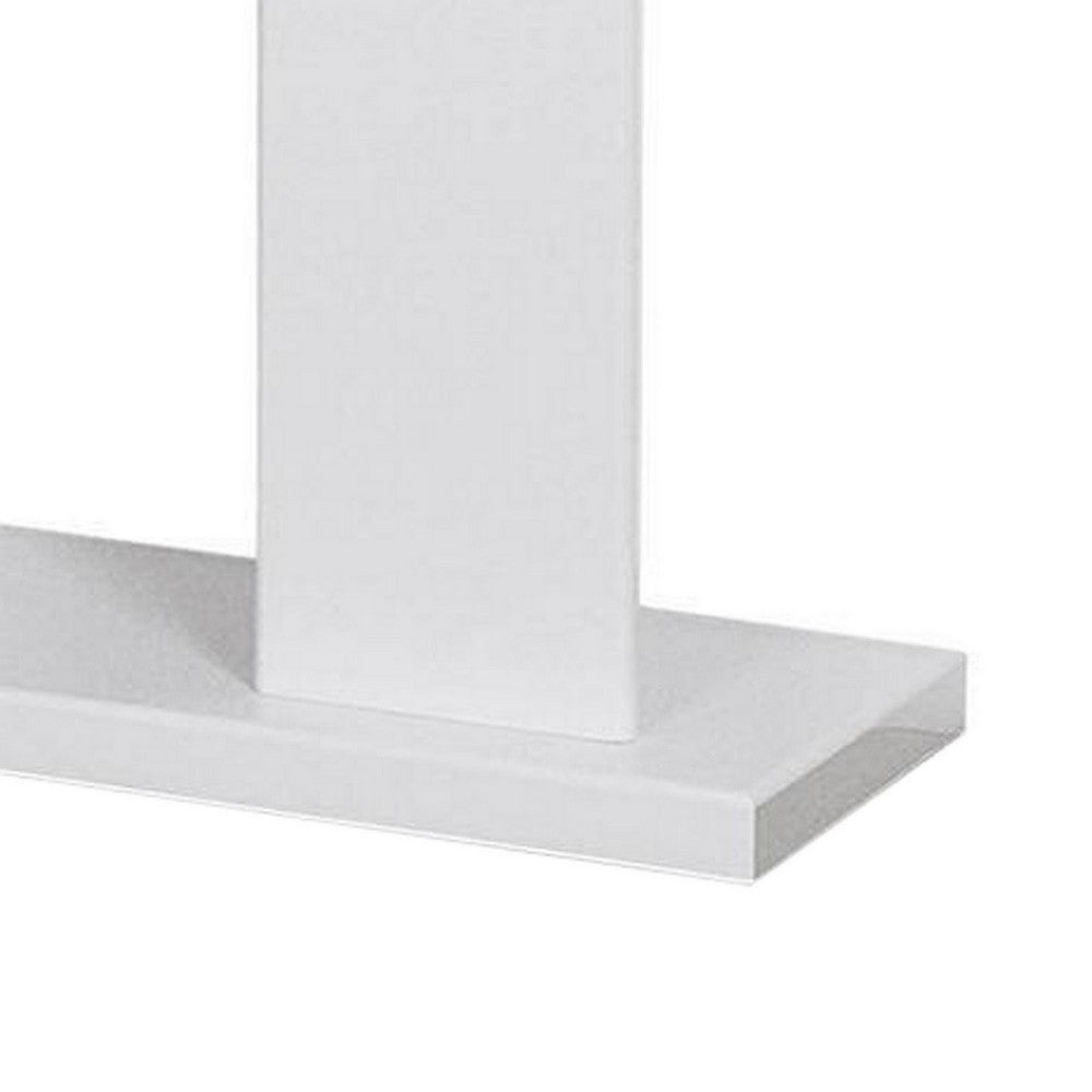 Benjara Liam 47 Inch Sofa Console Table, White Wood, Pedestal Base, Black Glass Top
