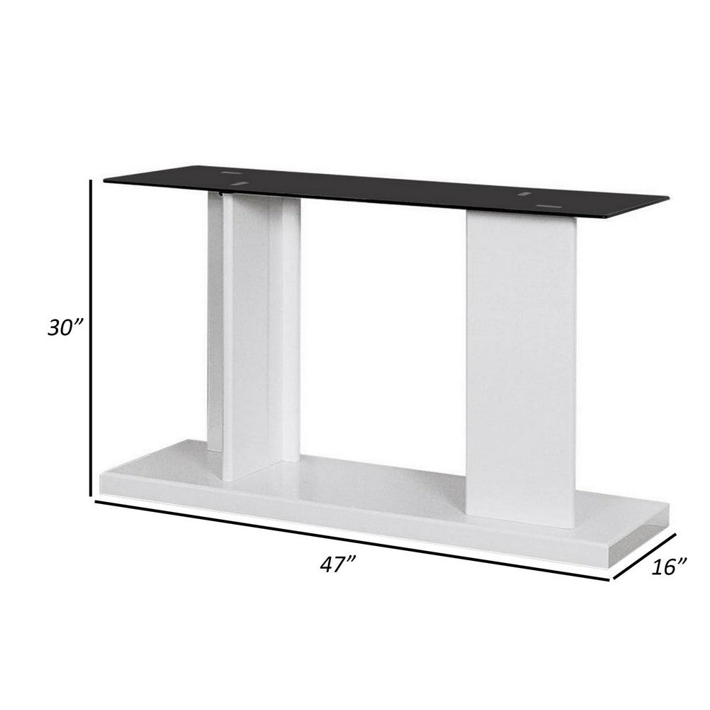 Benjara Liam 47 Inch Sofa Console Table, White Wood, Pedestal Base, Black Glass Top