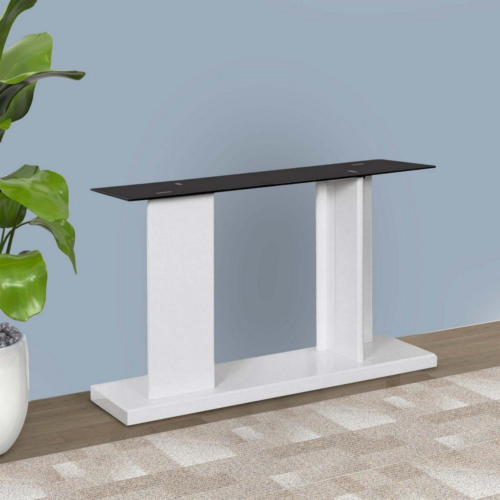 Benjara Liam 47 Inch Sofa Console Table, White Wood, Pedestal Base, Black Glass Top