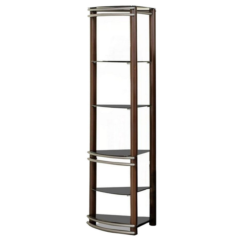 Benjara Lein 65 Inch Pier Shelf, Brown, Silver Metal Frame, Glass Shelves, Set of 2