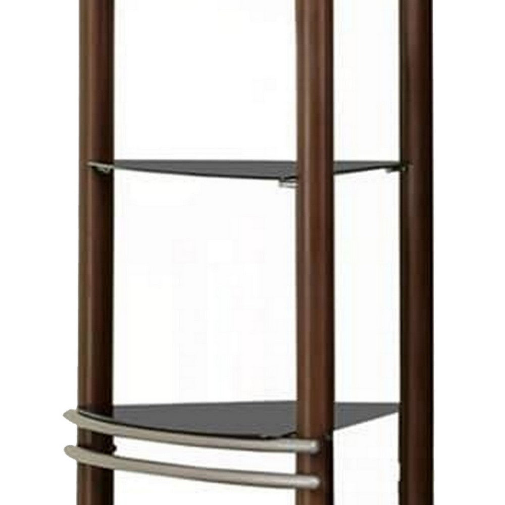 Benjara Lein 65 Inch Pier Shelf, Brown, Silver Metal Frame, Glass Shelves, Set of 2