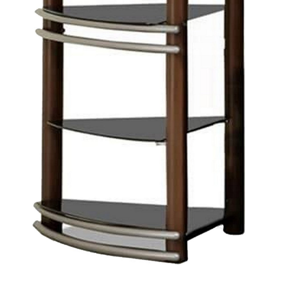 Benjara Lein 65 Inch Pier Shelf, Brown, Silver Metal Frame, Glass Shelves, Set of 2