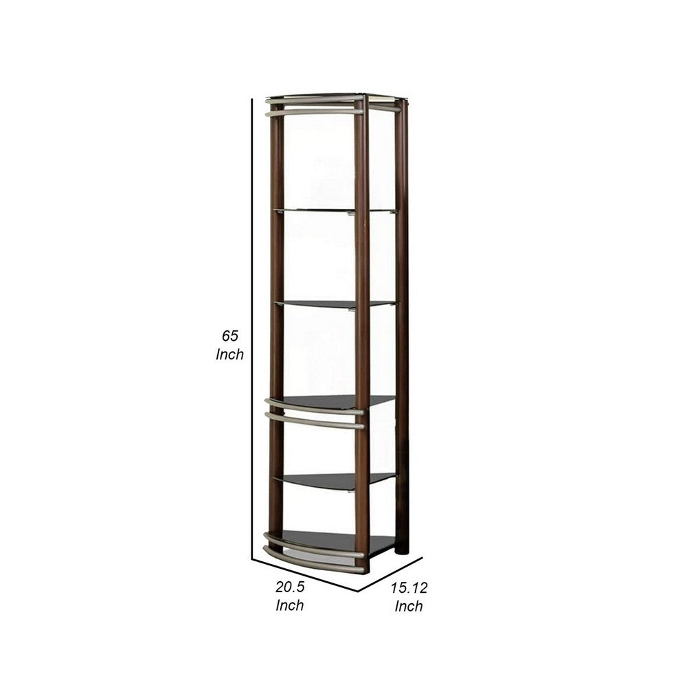 Benjara Lein 65 Inch Pier Shelf, Brown, Silver Metal Frame, Glass Shelves, Set of 2