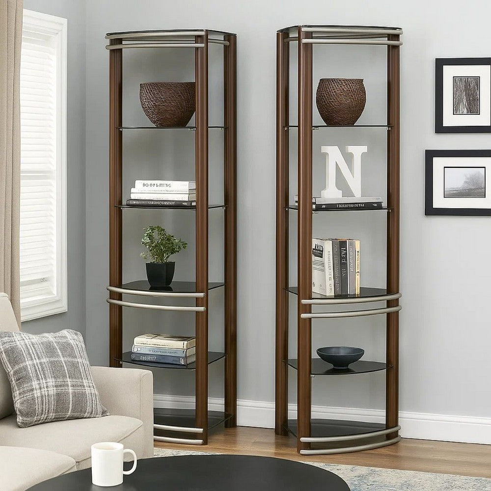 Benjara Lein 65 Inch Pier Shelf, Brown, Silver Metal Frame, Glass Shelves, Set of 2
