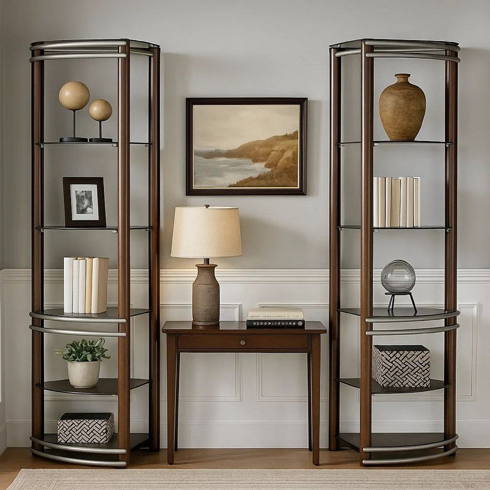 Benjara Lein 65 Inch Pier Shelf, Brown, Silver Metal Frame, Glass Shelves, Set of 2