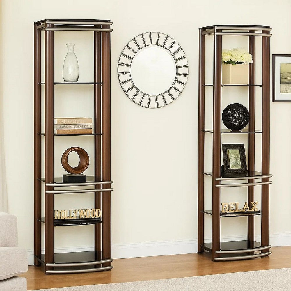 Benjara Lein 65 Inch Pier Shelf, Brown, Silver Metal Frame, Glass Shelves, Set of 2