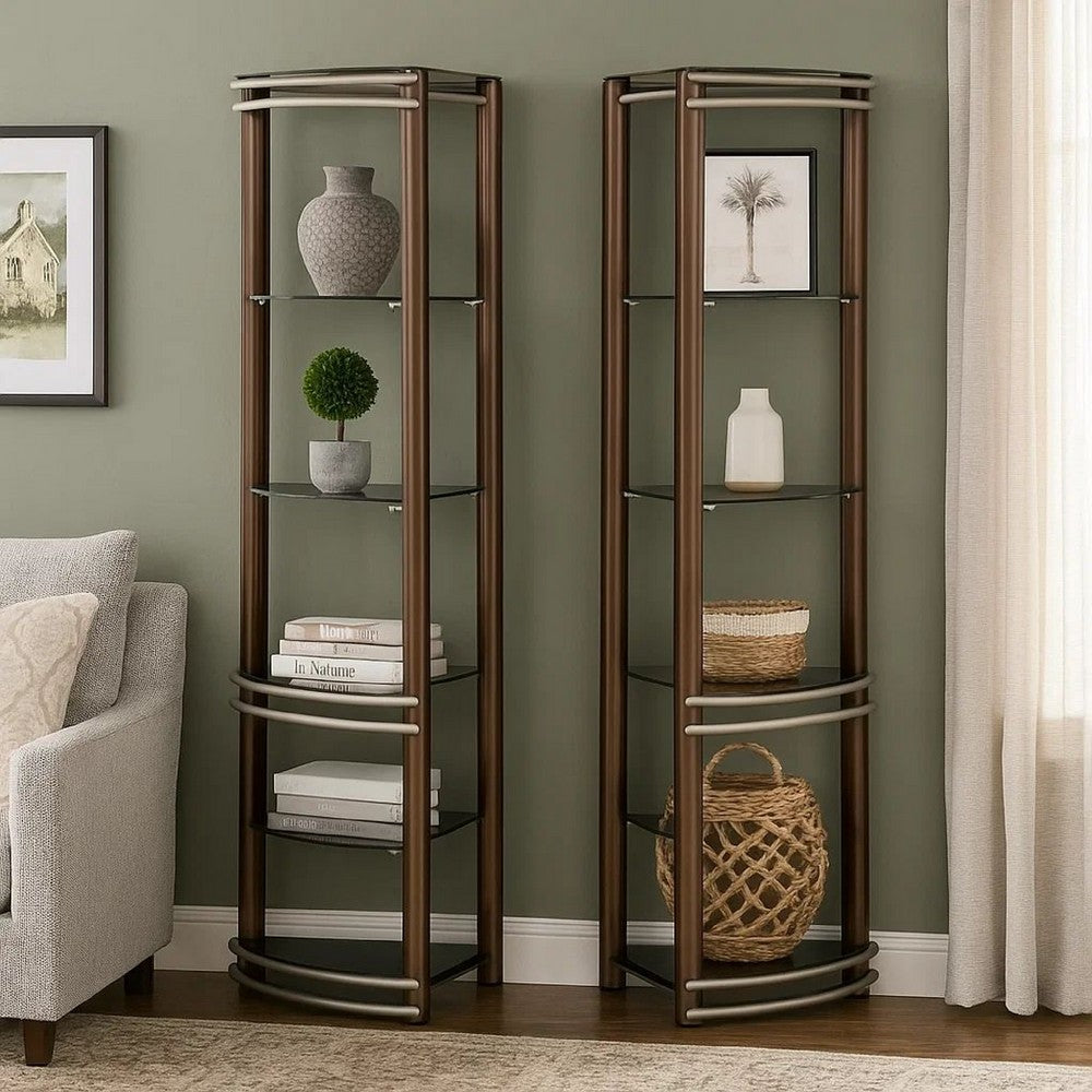 Benjara Lein 65 Inch Pier Shelf, Brown, Silver Metal Frame, Glass Shelves, Set of 2