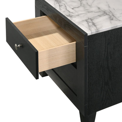 Benjara Yoh 23 Inch 2 Drawer Nightstand, White Marble Top, Metal Knobs, Black