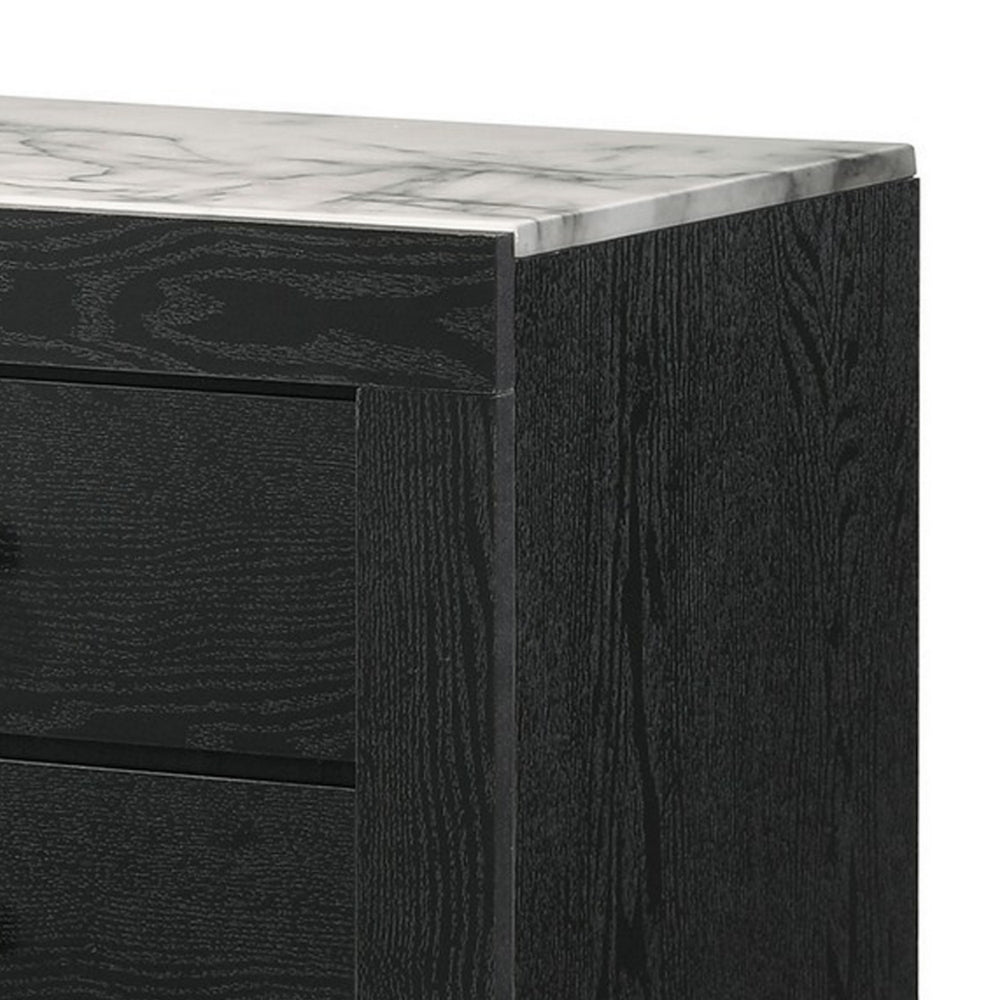 Benjara Yoh 23 Inch 2 Drawer Nightstand, White Marble Top, Metal Knobs, Black