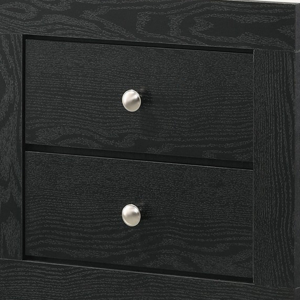 Benjara Yoh 23 Inch 2 Drawer Nightstand, White Marble Top, Metal Knobs, Black