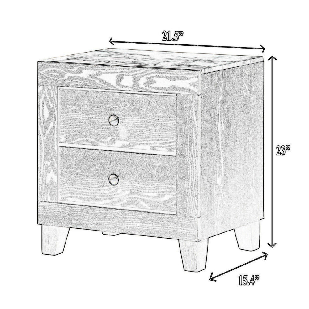 Benjara Yoh 23 Inch 2 Drawer Nightstand, White Marble Top, Metal Knobs, Black