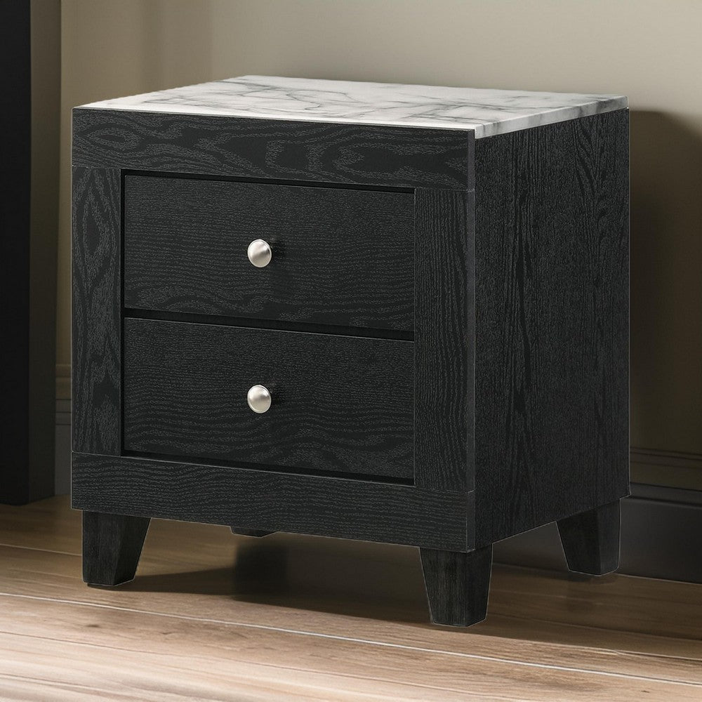 Benjara Yoh 23 Inch 2 Drawer Nightstand, White Marble Top, Metal Knobs, Black