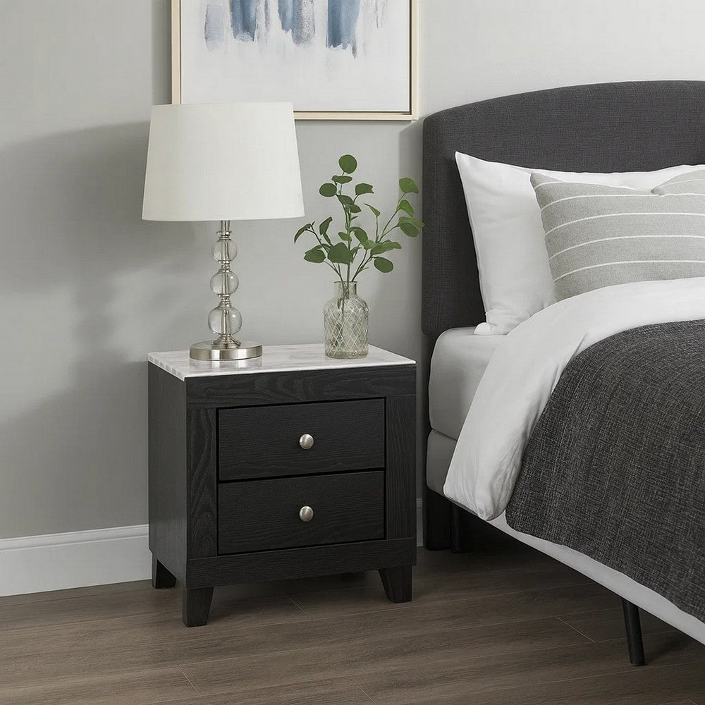 Benjara Yoh 23 Inch 2 Drawer Nightstand, White Marble Top, Metal Knobs, Black