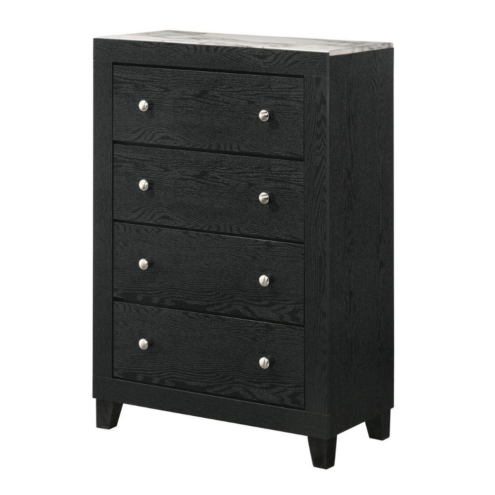 Benjara Yoh 47 Inch Tall 4 Drawer Dresser Chest with Marble Top, Metal Knobs, Black