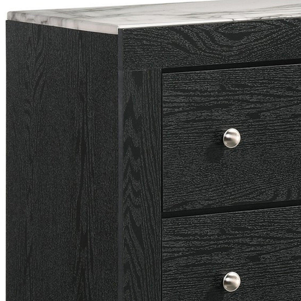 Benjara Yoh 47 Inch Tall 4 Drawer Dresser Chest with Marble Top, Metal Knobs, Black