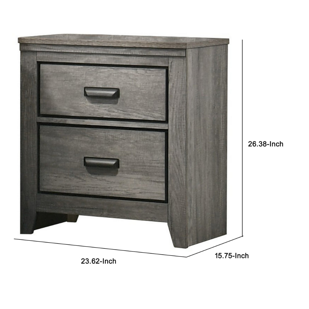 Benjara Lei 26 Inch 2 Drawer Nightstand, Sleek Metal Handles, Modern Gray Finish