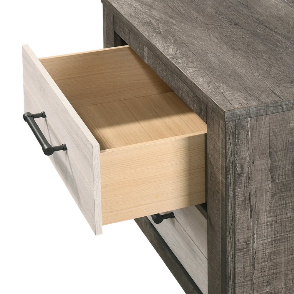 Benjara Yaz 25 Inch Modern 2 Drawer Nightstand, Bar Metal Handles, White And Gray