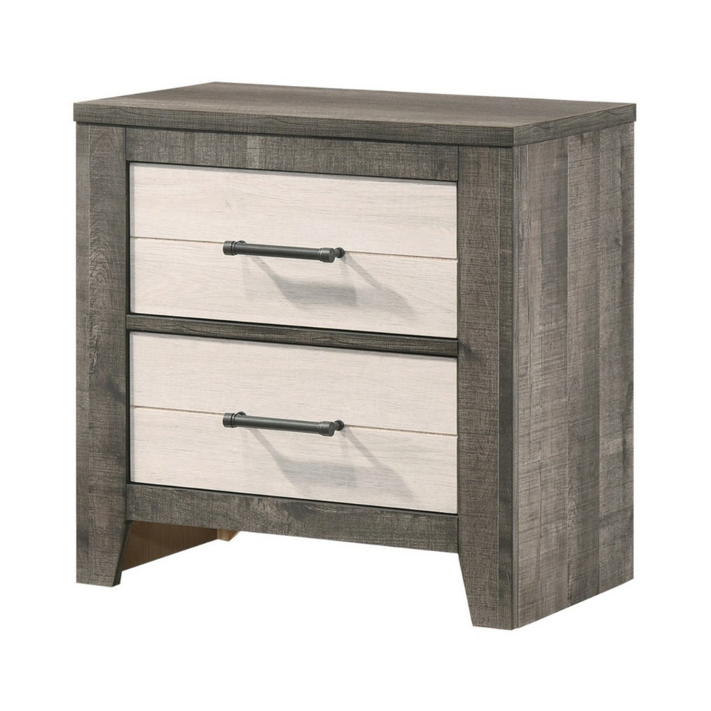 Benjara Yaz 25 Inch Modern 2 Drawer Nightstand, Bar Metal Handles, White And Gray