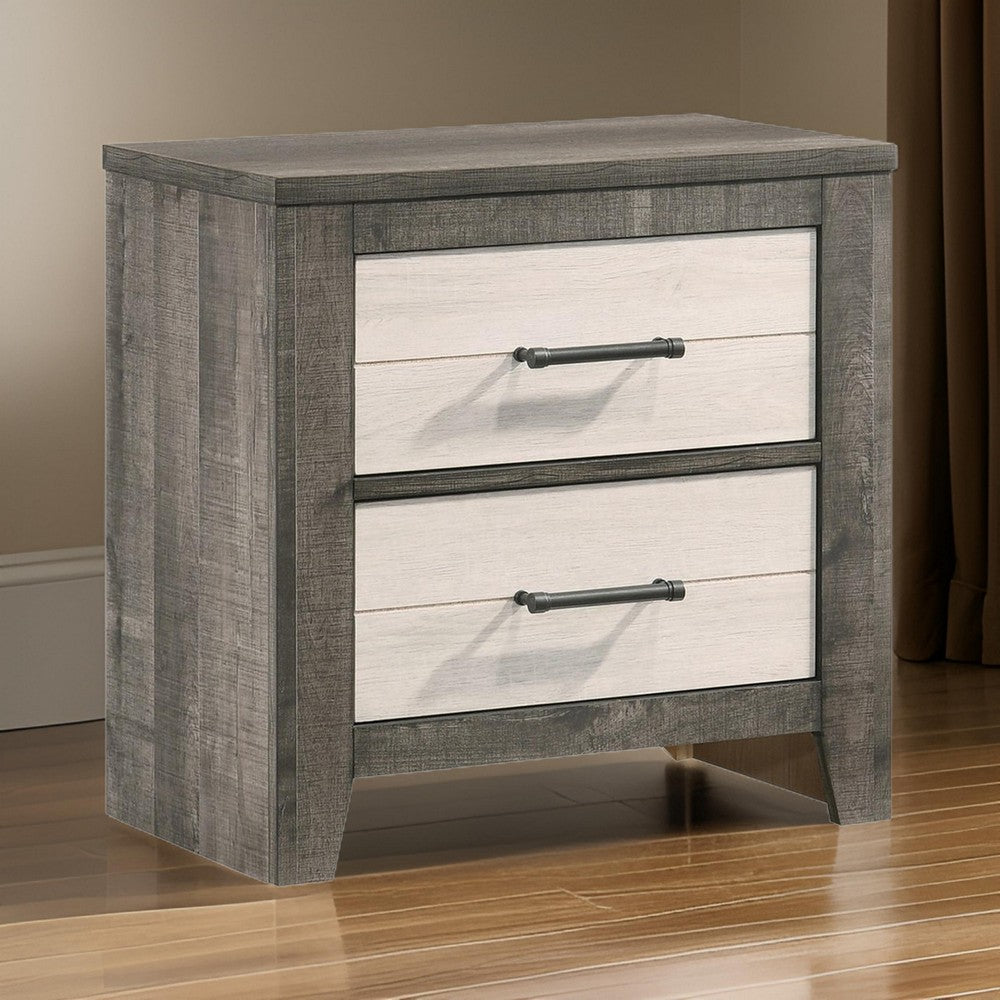 Benjara Yaz 25 Inch Modern 2 Drawer Nightstand, Bar Metal Handles, White And Gray