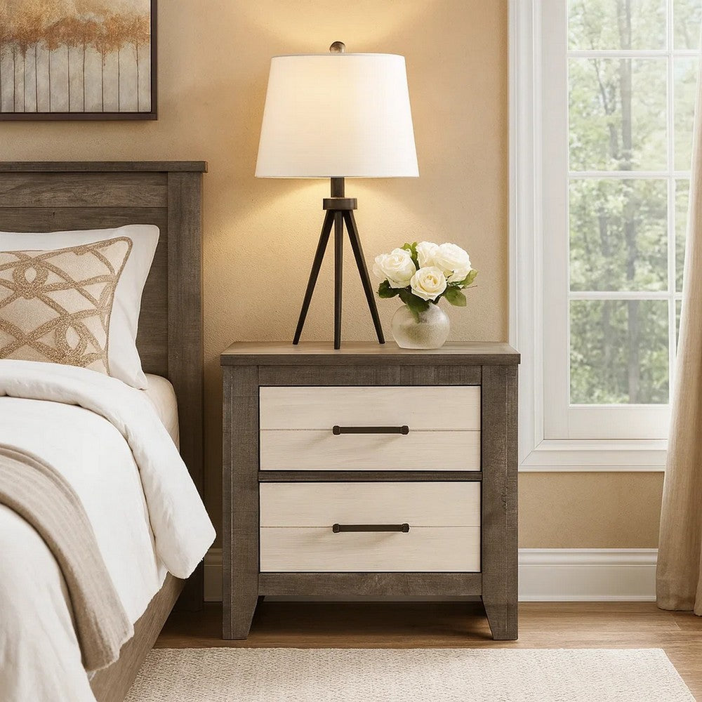 Benjara Yaz 25 Inch Modern 2 Drawer Nightstand, Bar Metal Handles, White And Gray