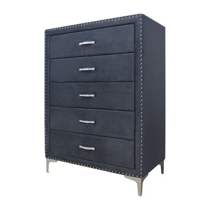 Benjara Moha 50 Inch Tall 5 Drawer Dresser Chest, Glass Top Gray Velvet Upholstered