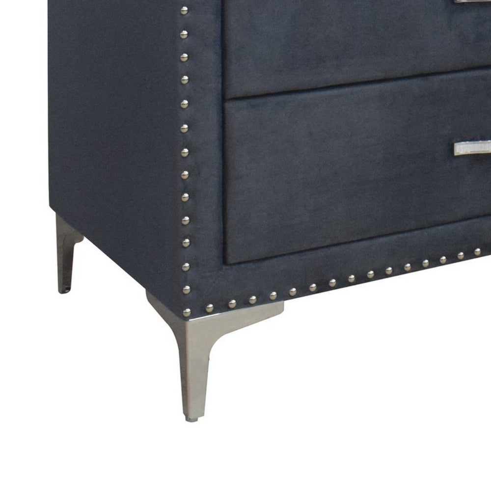 Benjara Moha 50 Inch Tall 5 Drawer Dresser Chest, Glass Top Gray Velvet Upholstered
