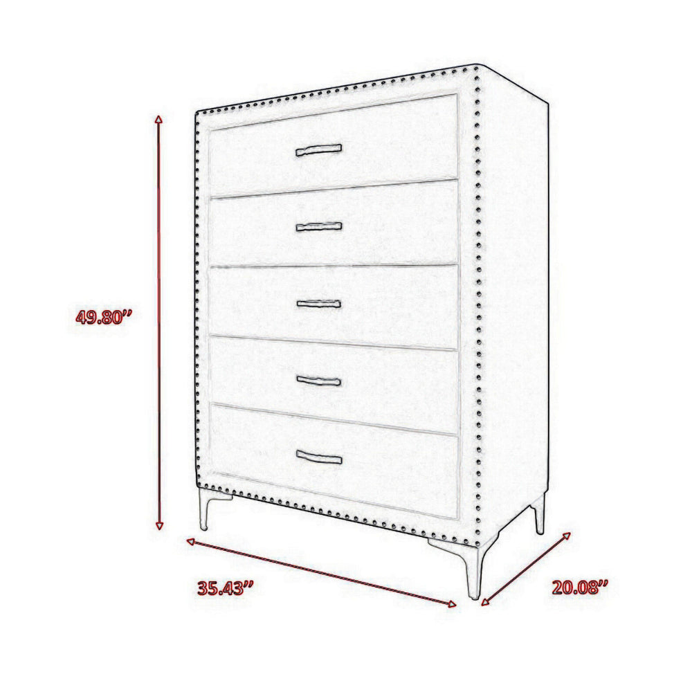 Benjara Moha 50 Inch Tall 5 Drawer Dresser Chest, Glass Top Gray Velvet Upholstered