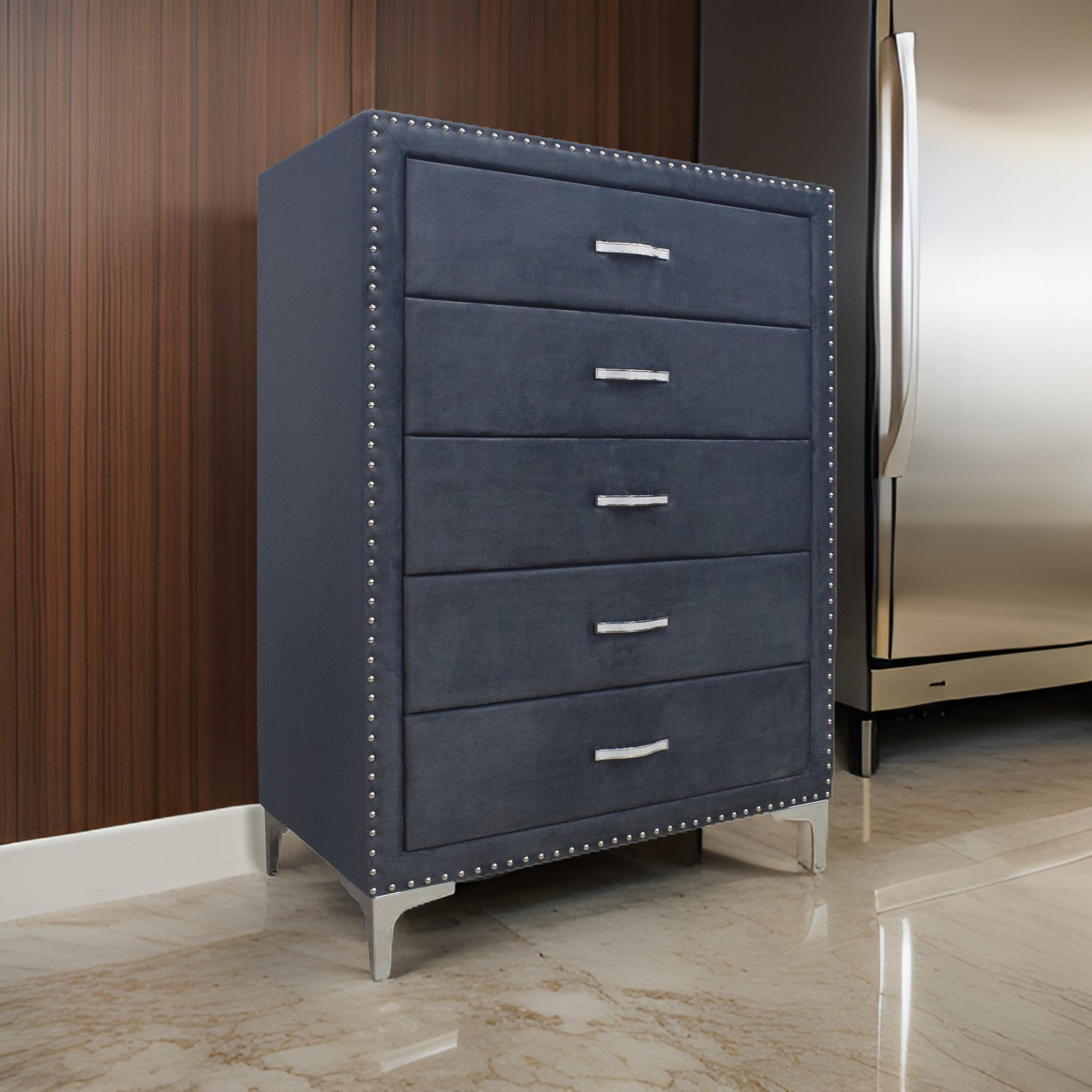 Benjara Moha 50 Inch Tall 5 Drawer Dresser Chest, Glass Top Gray Velvet Upholstered