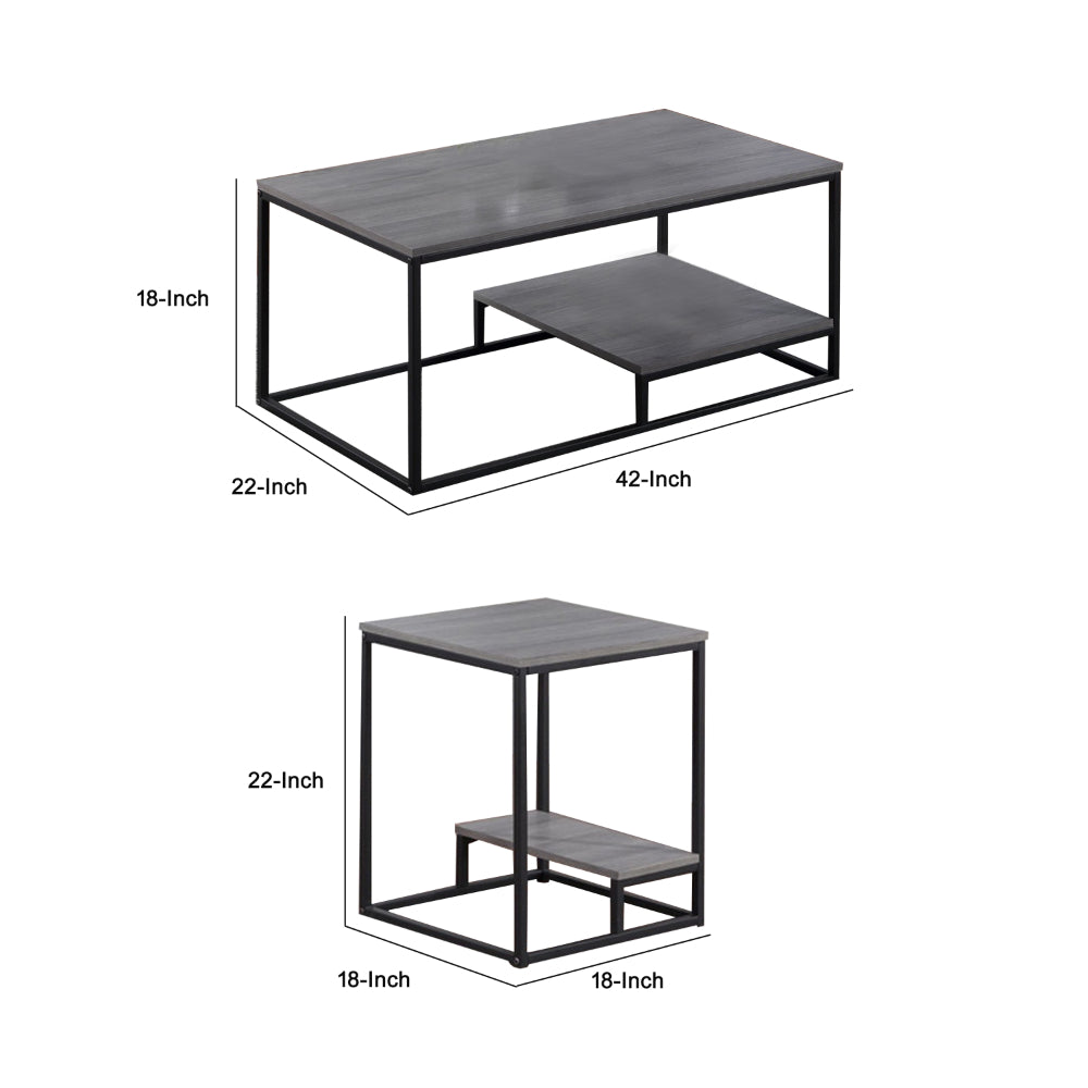 Benjara 3 Piece Cocktail Set with Coffee Table And 2 End Tables, Wood Shelves, Gray