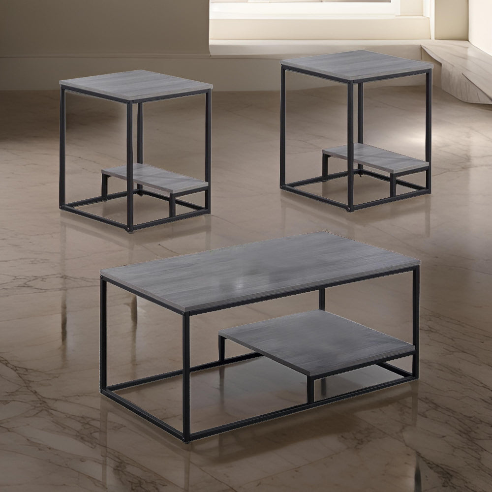 Benjara 3 Piece Cocktail Set with Coffee Table And 2 End Tables, Wood Shelves, Gray