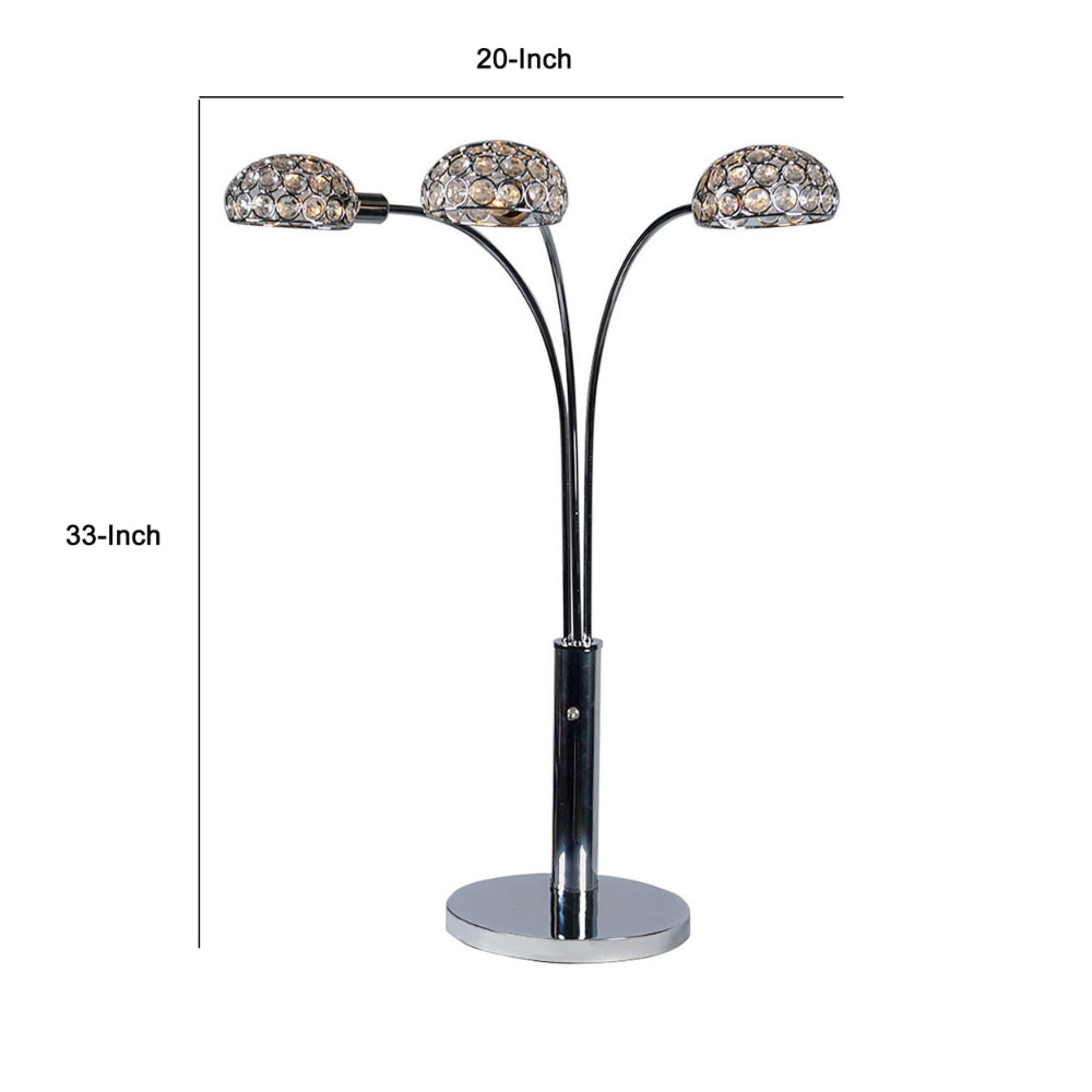 Benjara Arya 33 Inch Modern Arcing 3 Light Table Lamp, Round Crystal Accents Chrome