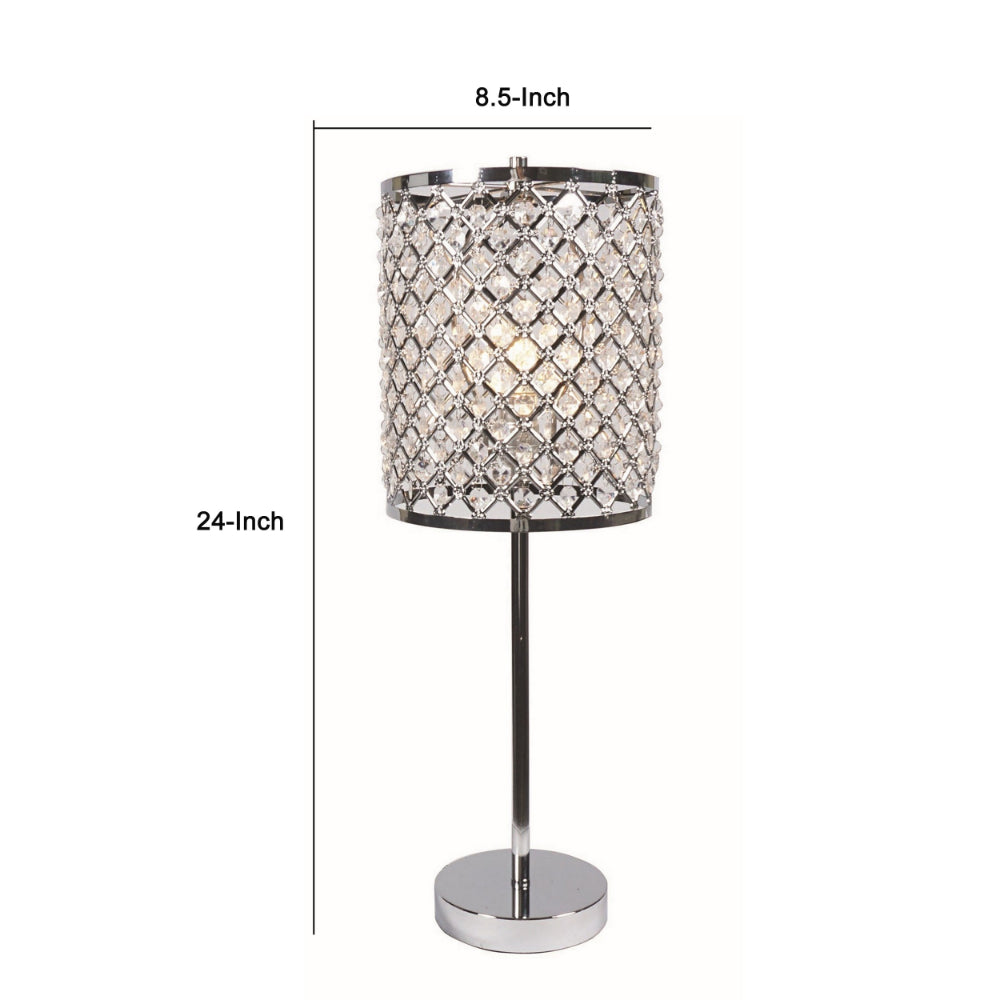 Benjara 24 Inch Modern Table Lamp, Crystal Shade, Tessellated Metal Accents, Chrome
