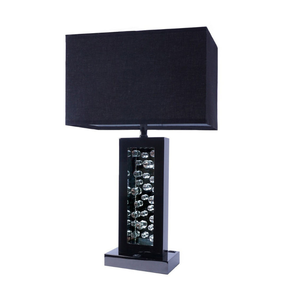 Benjara 28 Inch Nickel Table Lamp, Black Fabric Shade, Glass Panel And LED Accents
