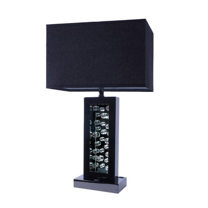 Benjara 28 Inch Nickel Table Lamp, Black Fabric Shade, Glass Panel And LED Accents