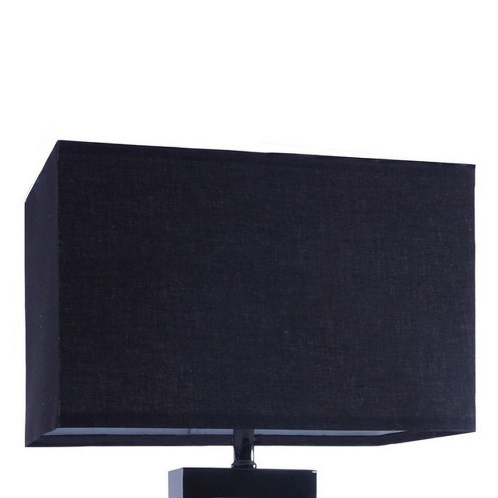 Benjara 28 Inch Nickel Table Lamp, Black Fabric Shade, Glass Panel And LED Accents