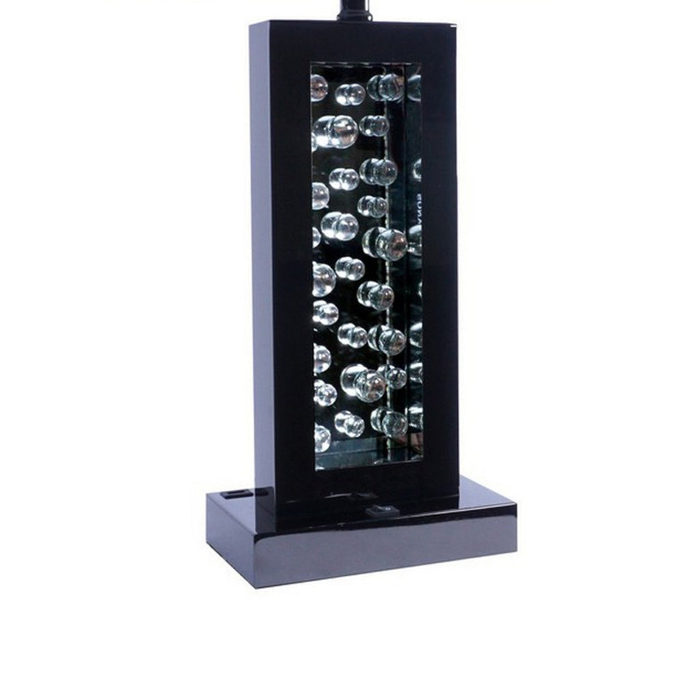 Benjara 28 Inch Nickel Table Lamp, Black Fabric Shade, Glass Panel And LED Accents