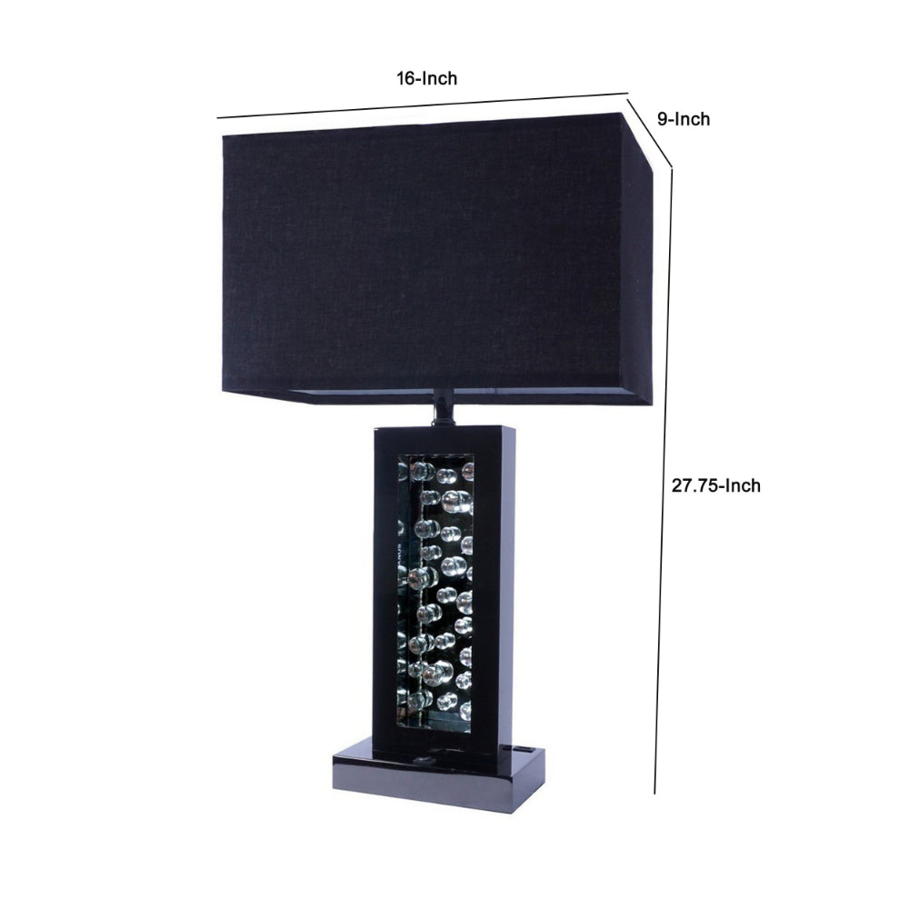 Benjara 28 Inch Nickel Table Lamp, Black Fabric Shade, Glass Panel And LED Accents