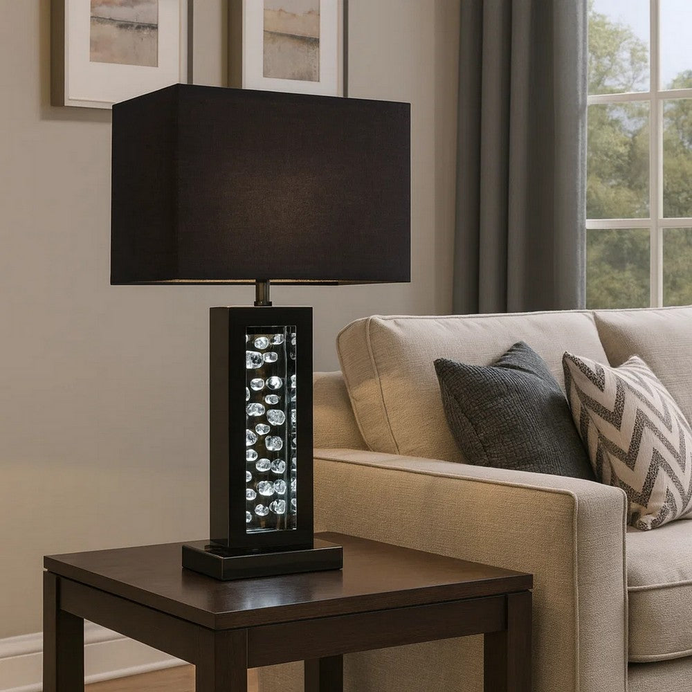 Benjara 28 Inch Nickel Table Lamp, Black Fabric Shade, Glass Panel And LED Accents